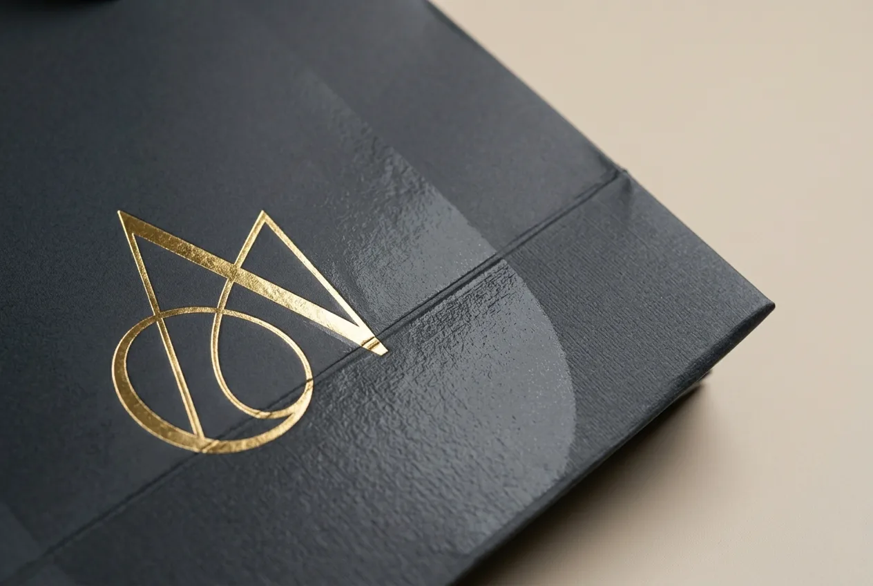 Hot foil stamping close-up on luxury paper bag — gold foil logo detail and matte lamination finish