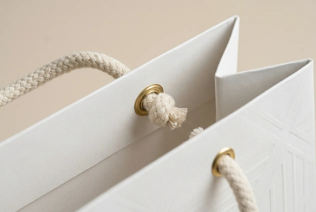 Luxury paper bag handle construction — cotton rope with brass eyelet and knotted attachment