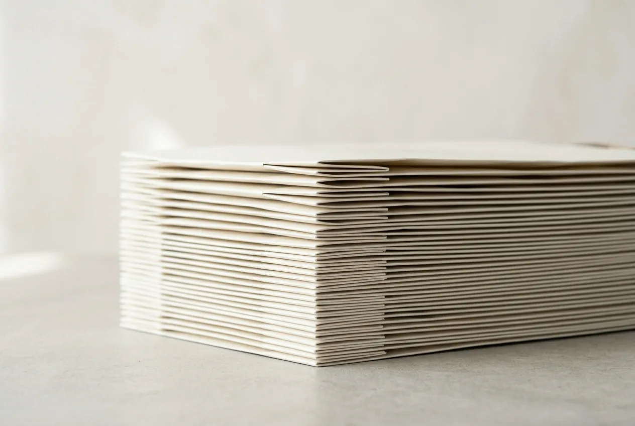 Flat-packed luxury paper bags stacked for ocean freight — optimised carton packing to reduce shipping cost