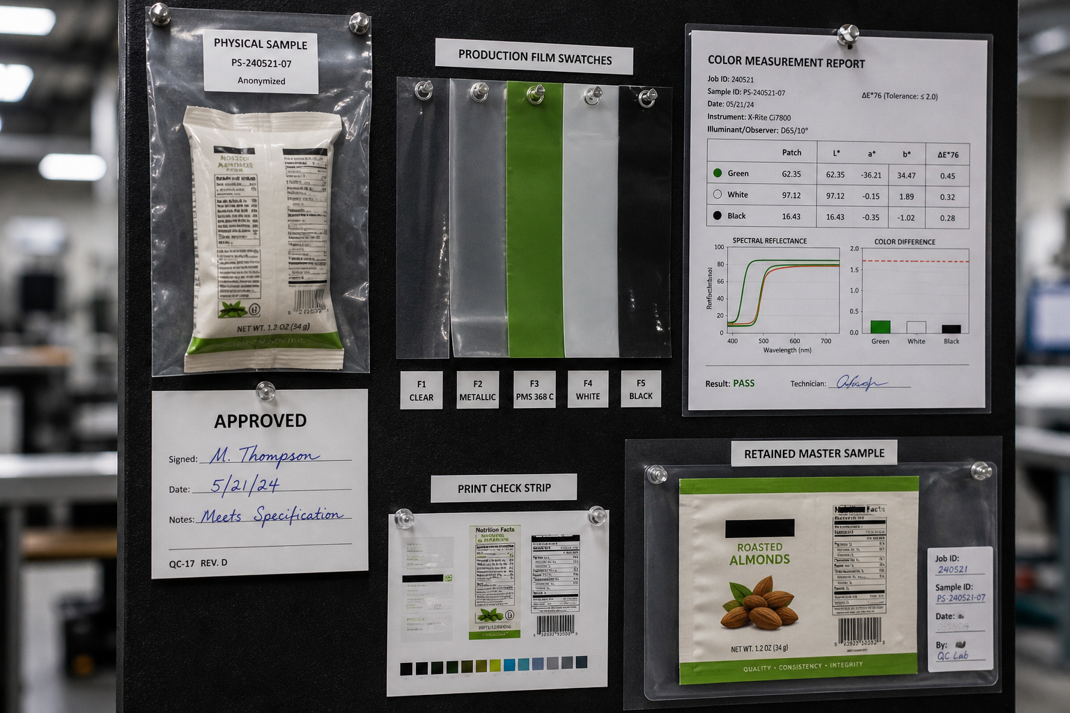 Completed color approval record beside the exact physical sample