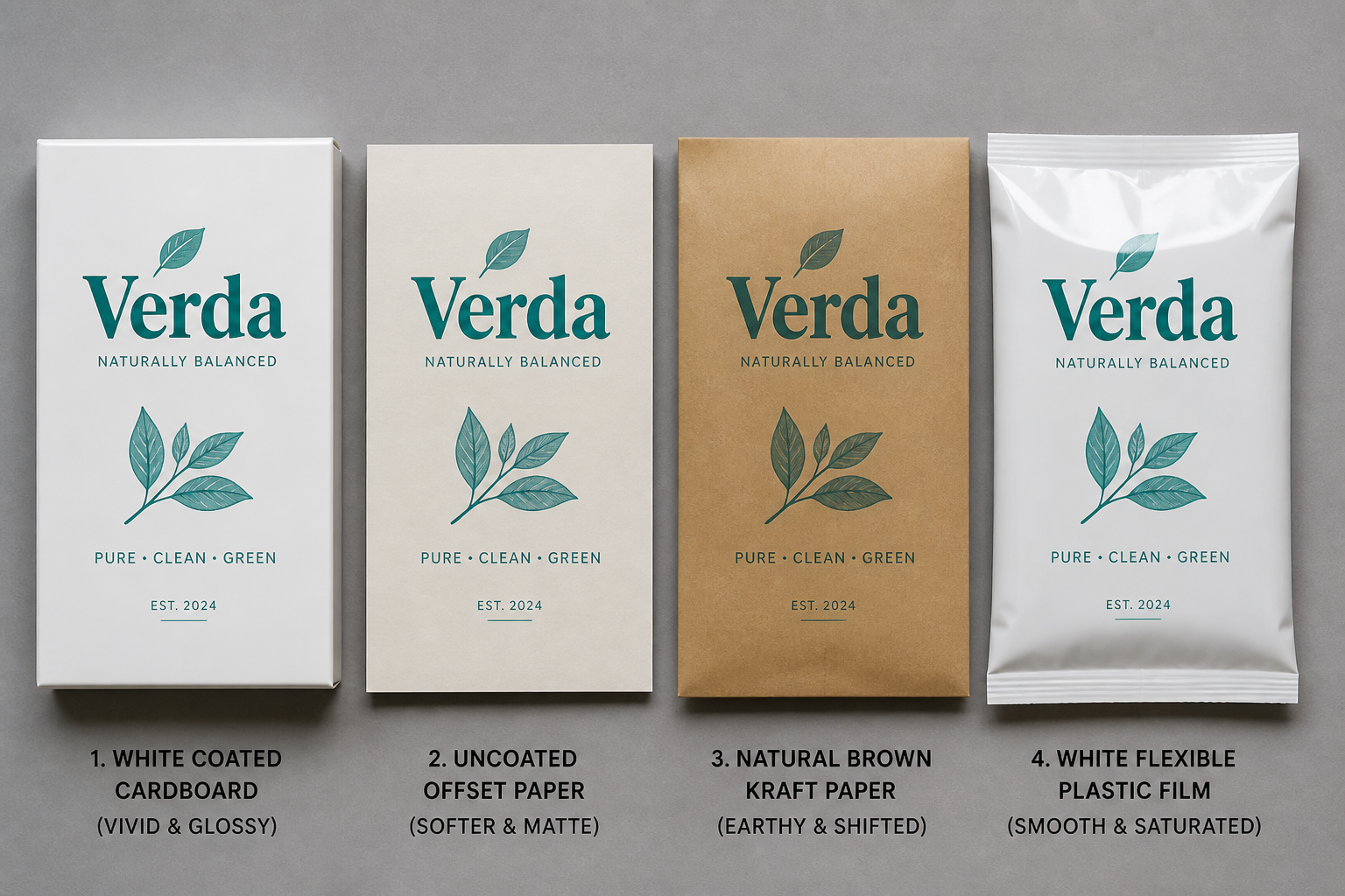 Same target on four materials: white coated, uncoated, kraft, and film